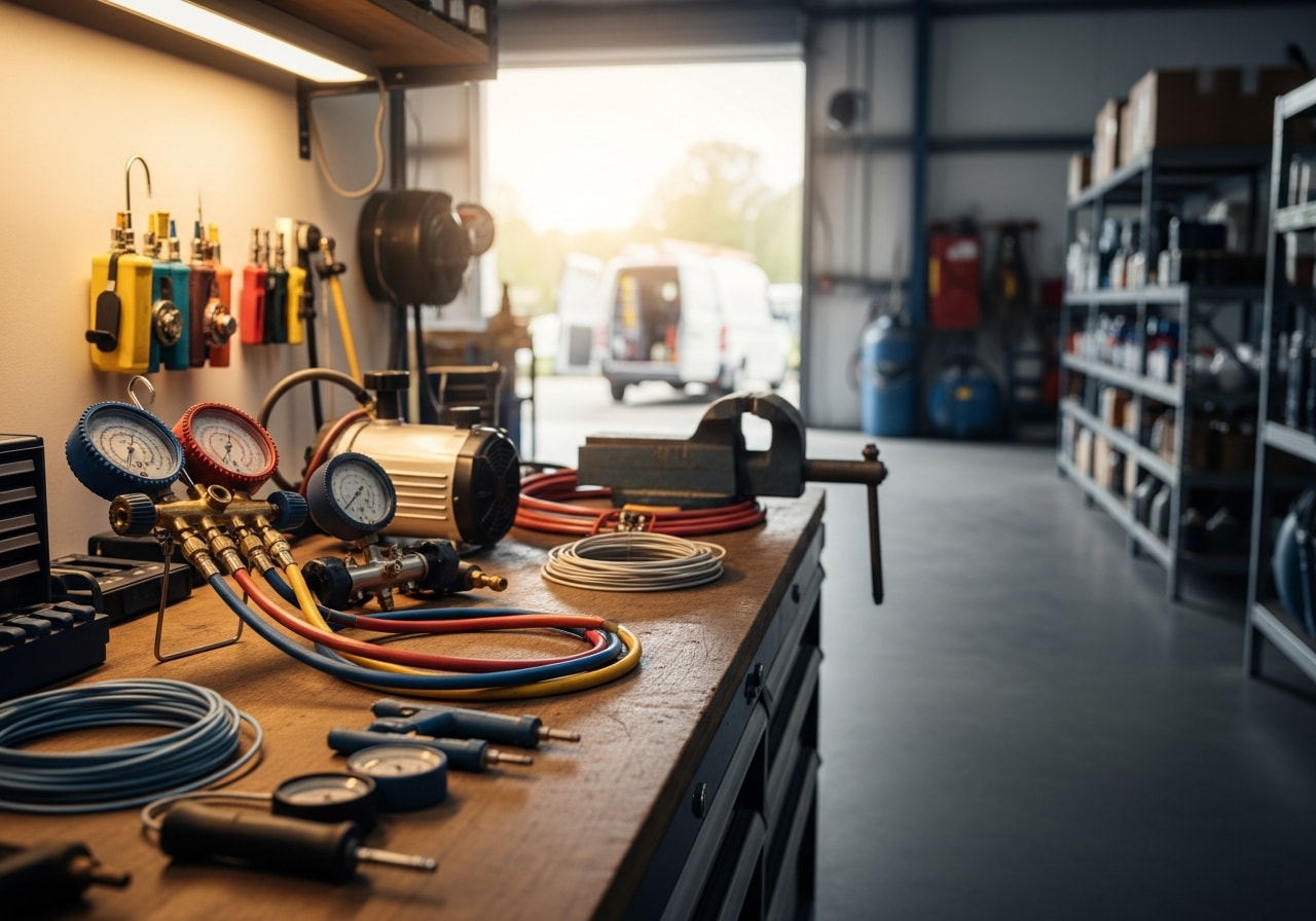 HVAC technician tools and equipment on a workbench, representing professional heating and air conditioning service capabilities.