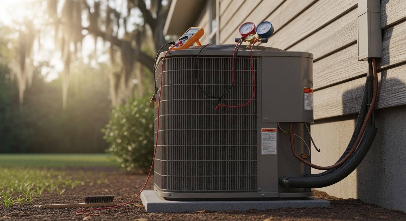 A Reddick Heating & Air technician inspecting an outdoor AC condenser unit at a residential home in Screven County, Georgia. The technician checks electrical connections and coil condition on a clear summer day.