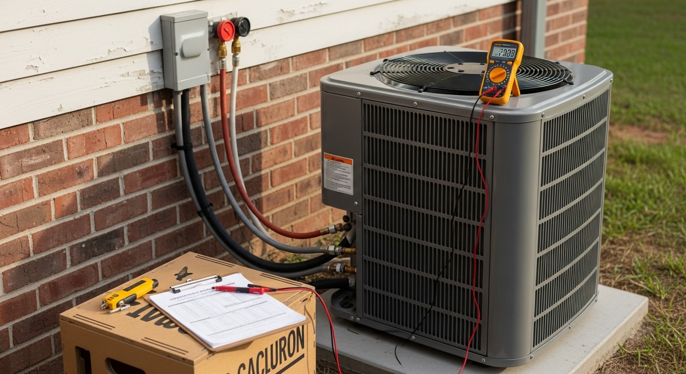 A new central air conditioning unit installed on a concrete pad beside a single-family home in Screven County, Georgia. A technician checks the refrigerant lines and electrical connections during the final inspection.