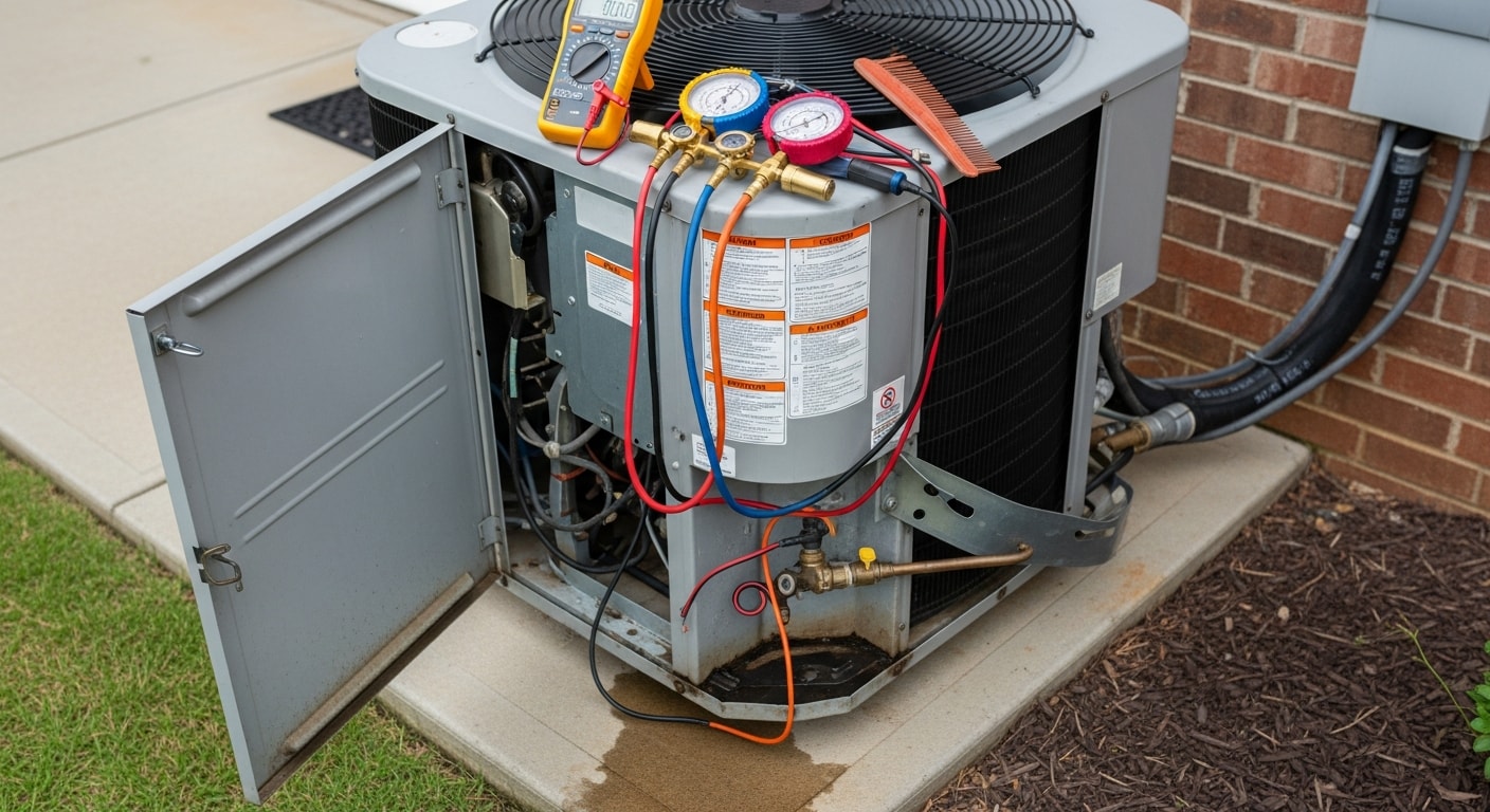 A Reddick Heating & Air, Inc. technician inspecting an outdoor AC condenser unit at a single-family home in Screven County, Georgia. The technician is checking electrical components with the unit panel open on a clear summer day.