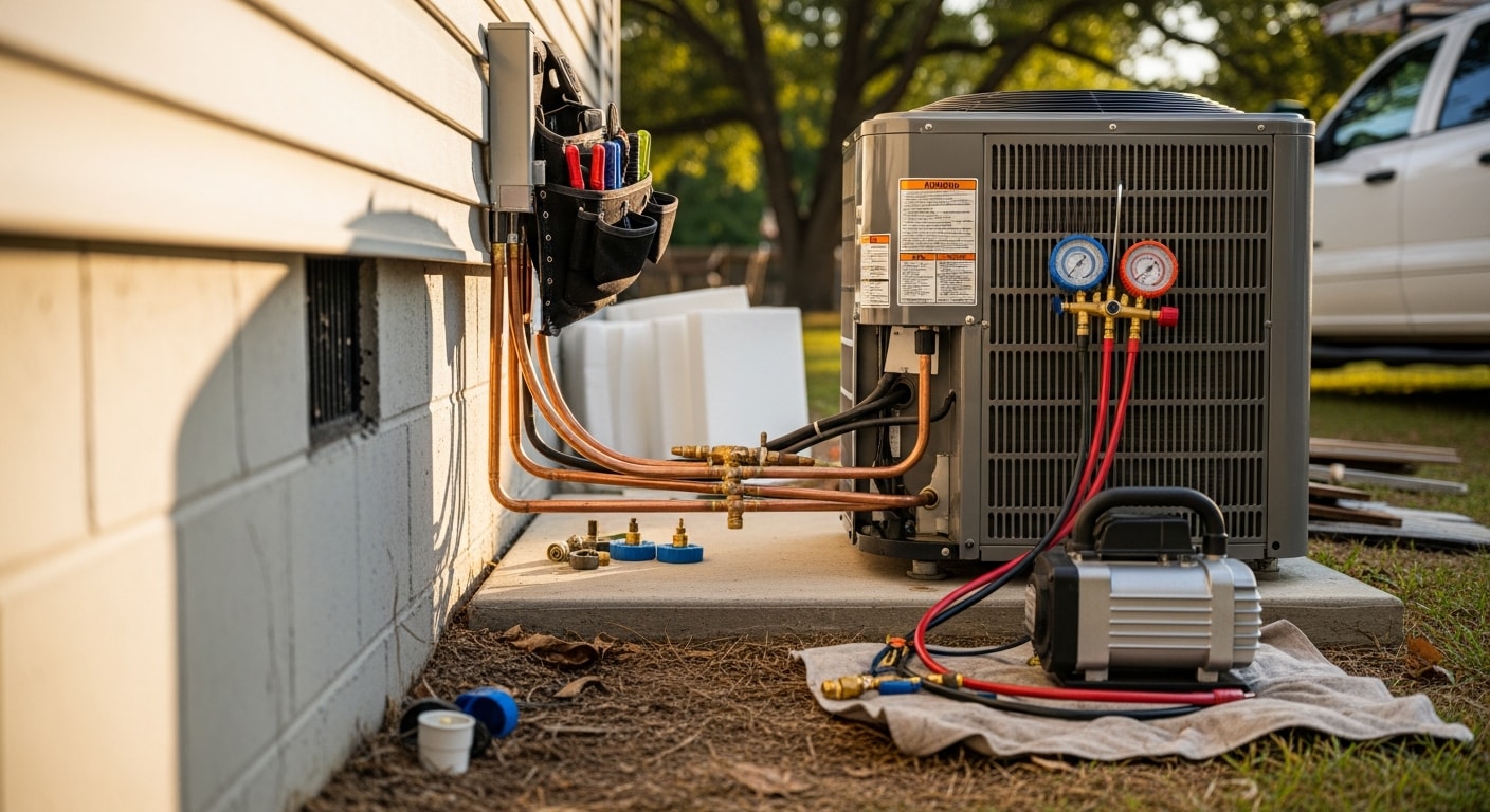 A newly installed central air conditioning unit beside a single-family home in Screven County, Georgia. A technician from Reddick Heating & Air, Inc. checks the outdoor condenser unit after completing the replacement.