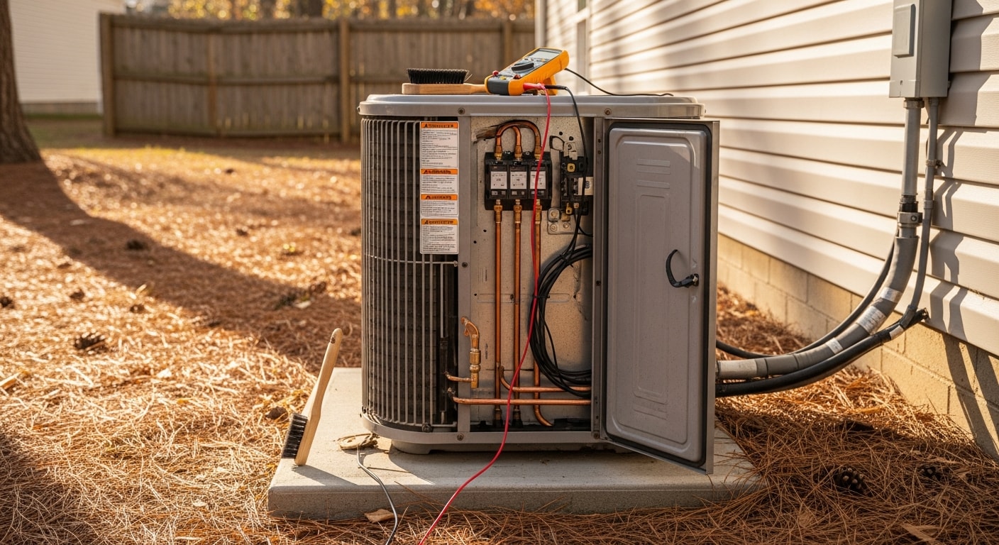 A Reddick Heating & Air technician inspecting an outdoor AC unit at a single-family home in Screven County, Georgia. The technician is checking the condenser coils and clearing debris during a routine air conditioning maintenance visit.