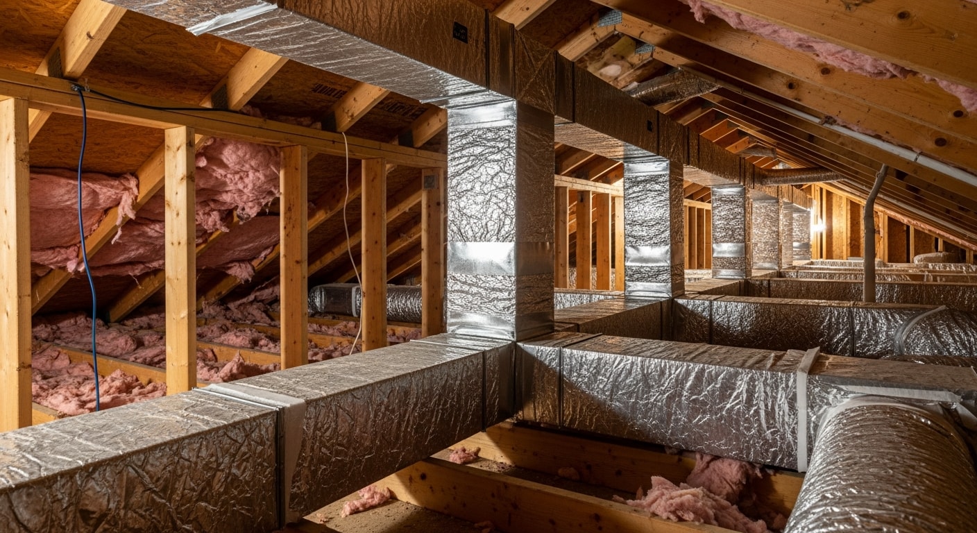 A Reddick Heating & Air technician installing insulated flexible ductwork in the crawl space of a residential home in Screven County, Georgia. Supply runs are visible connecting to floor registers with sealed joints throughout.
