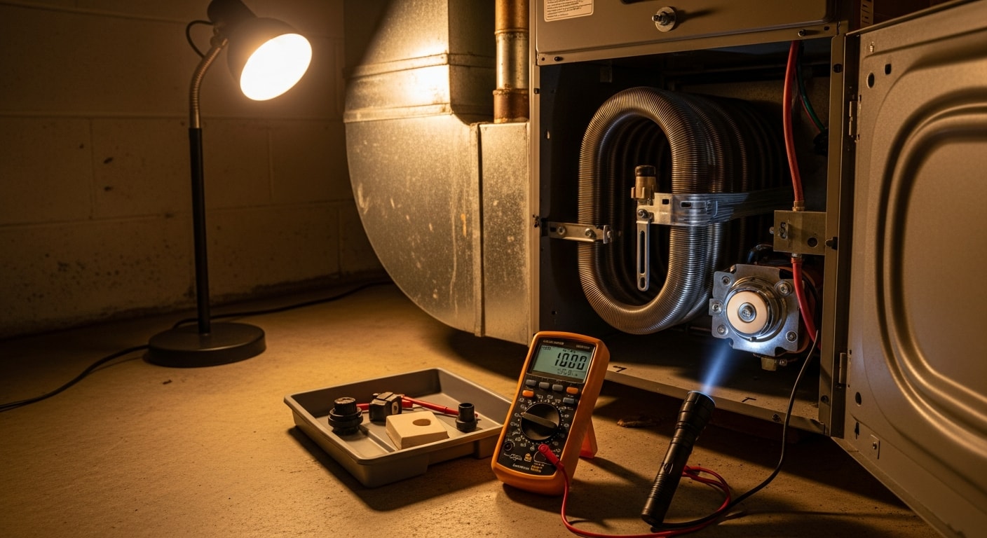A heating contractor inspecting the interior components of a gas furnace inside a rural Screven County, Georgia home. The technician examines the heat exchanger and burner assembly during a professional furnace repair visit.