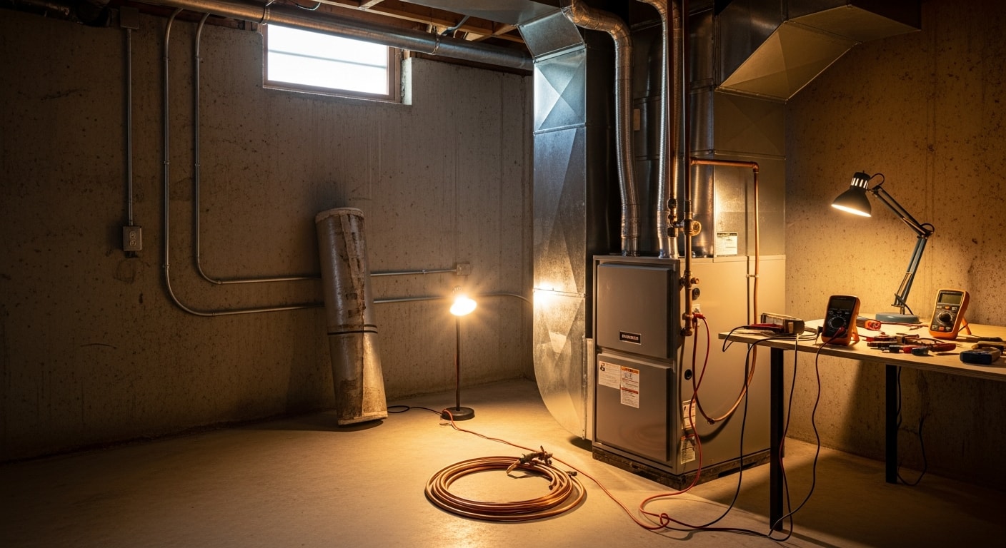 A newly installed furnace unit in a Screven County, Georgia home utility room, with clean ductwork connections and a digital thermostat visible on the adjacent wall. The installation shows proper clearance and professional mounting consistent with residential heating replacement work.