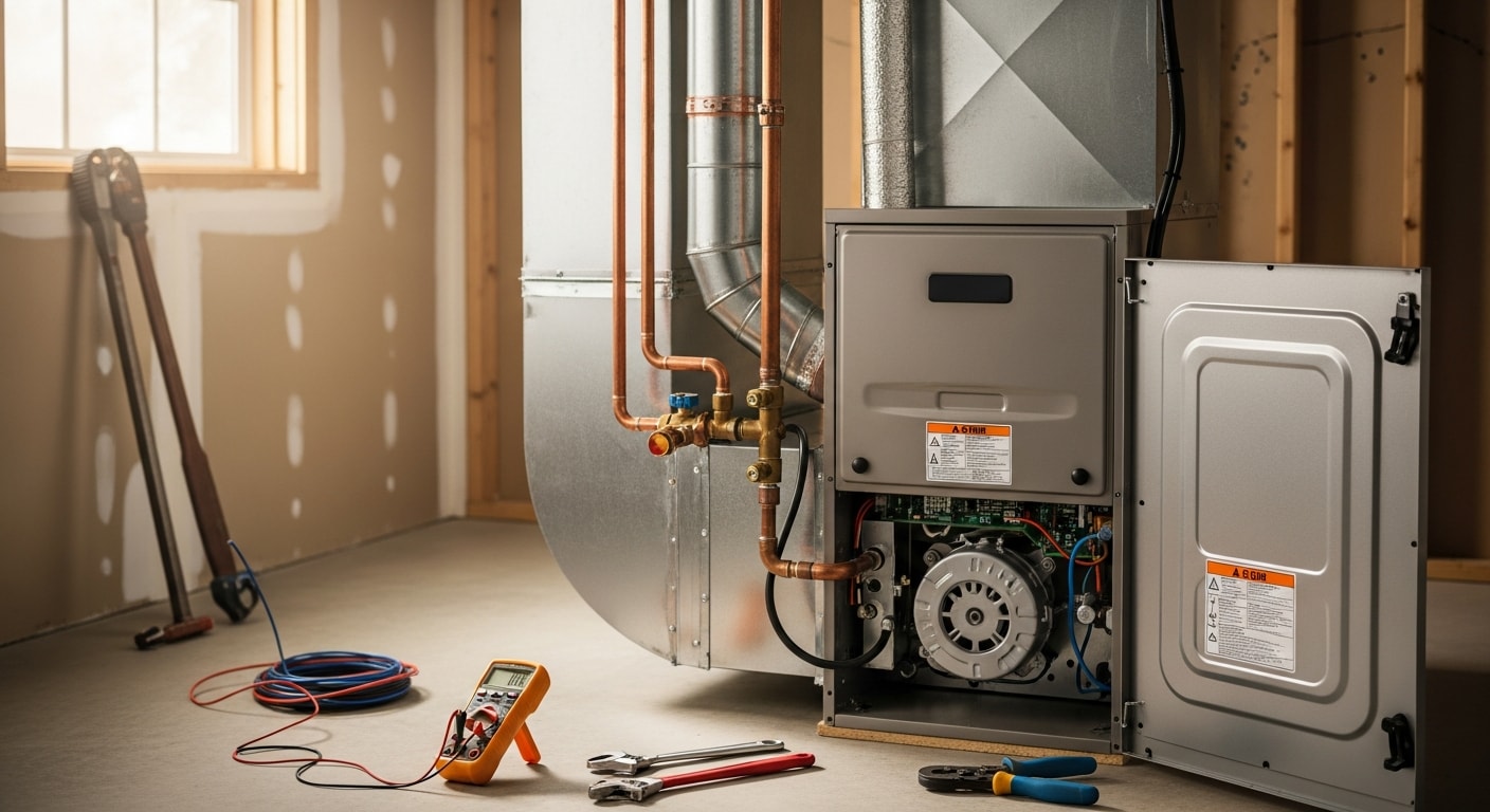 A newly installed gas furnace inside a Screven County, Georgia home, with visible duct connections and a digital thermostat mounted on the wall. A Reddick Heating & Air, Inc. technician checks the system controls after completing the installation.