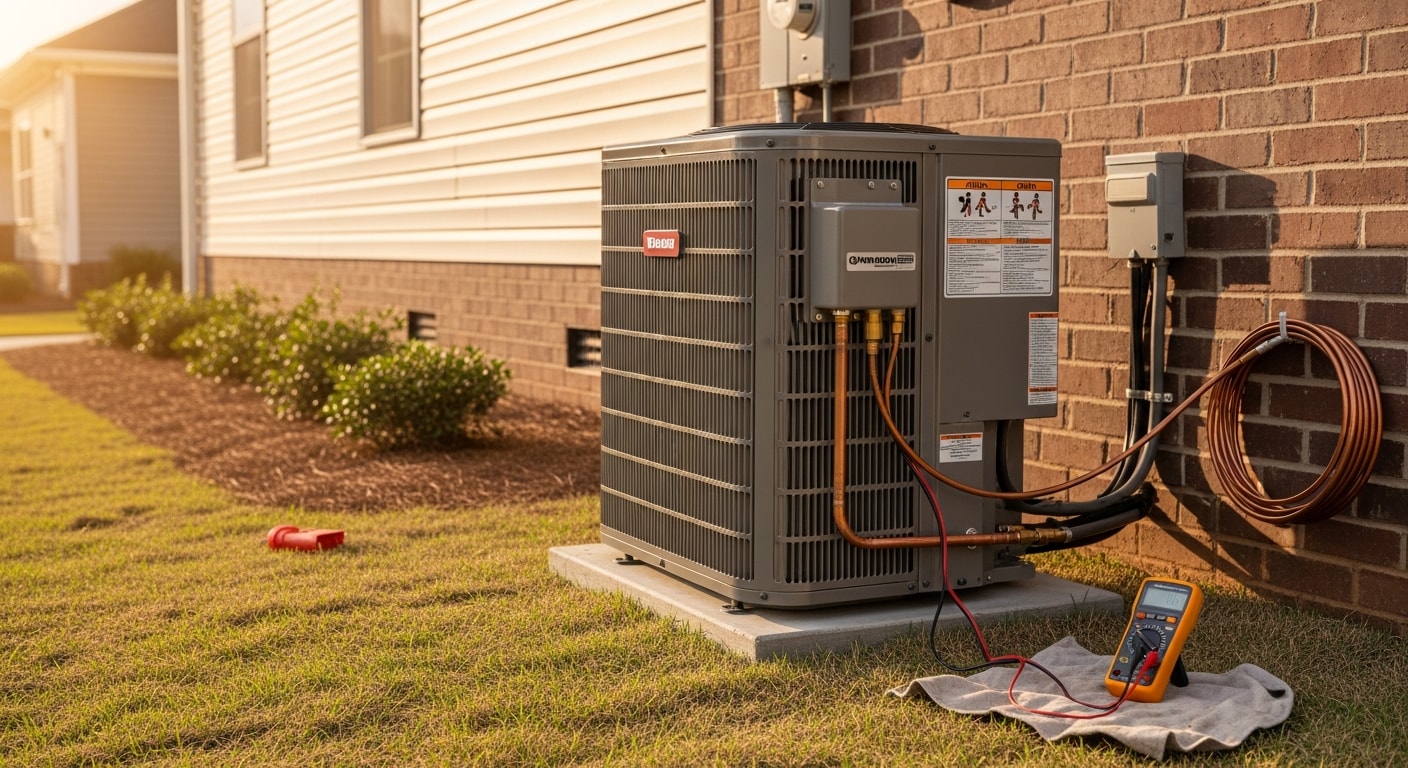 A newly installed heat pump outdoor unit positioned beside a single-family home in Screven County, Georgia, with the condenser pad level and refrigerant lines neatly insulated along the exterior wall. A Reddick Heating & Air technician checks the system connections during the post-installation inspection.