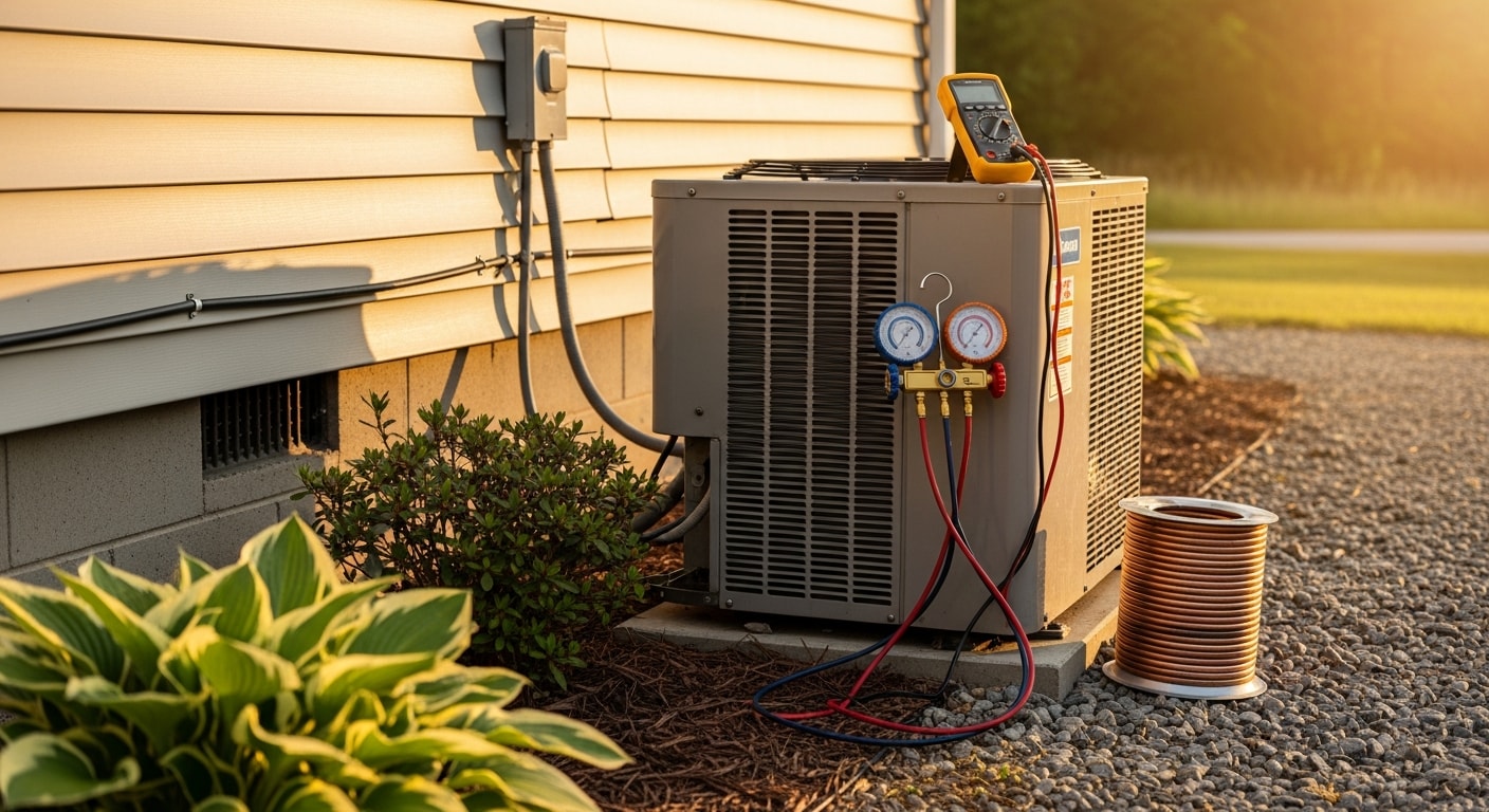 A heat pump outdoor unit beside a single-family home in Screven County, Georgia, with a technician from Reddick Heating & Air, Inc. inspecting the system components. The image shows a residential repair visit in a rural southeast Georgia setting.