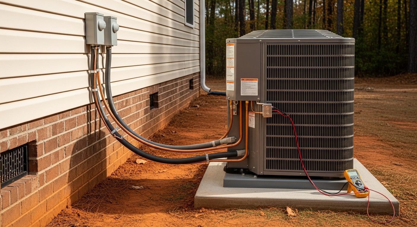 A newly installed heat pump outdoor unit beside a residential home in Screven County, Georgia, with the outdoor condenser placed on a level pad next to the house exterior. A technician from Reddick Heating & Air, Inc. checks the refrigerant line connections during the final stages of installation.