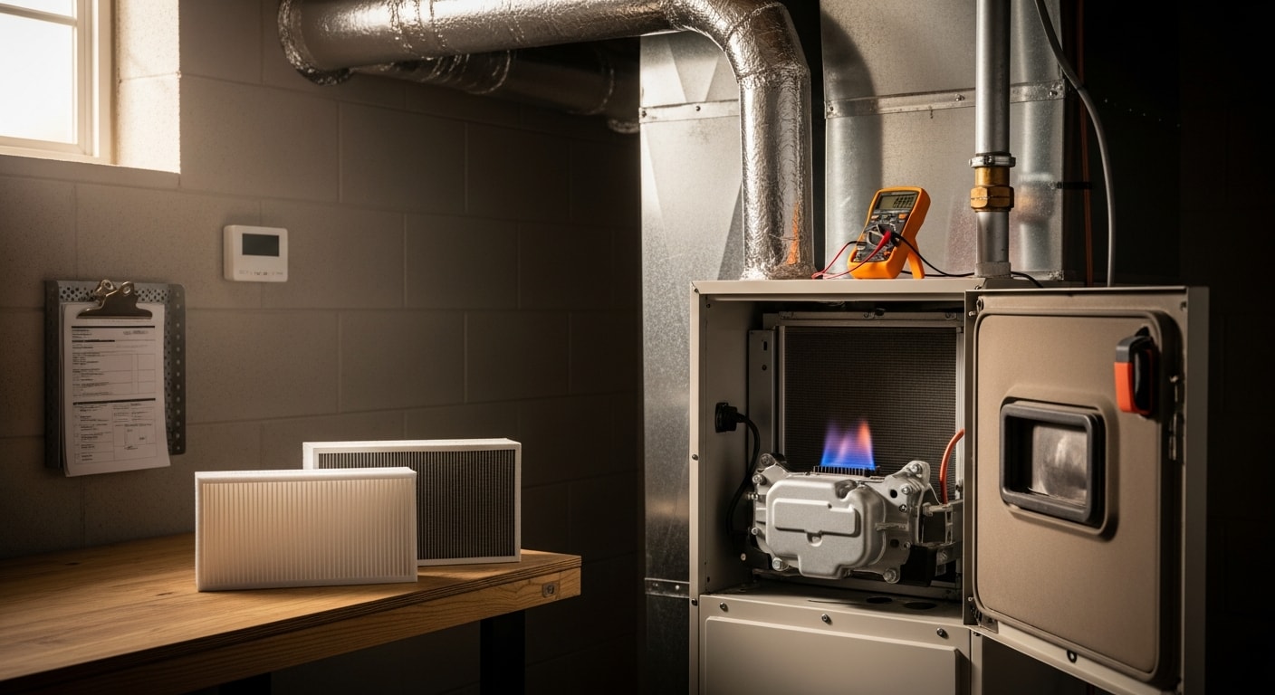 A Reddick Heating & Air, Inc. technician inspecting the interior components of a residential heating system during a maintenance visit in Screven County, Georgia. The technician checks the heat exchanger and burner assembly inside a utility room of a single-family home.