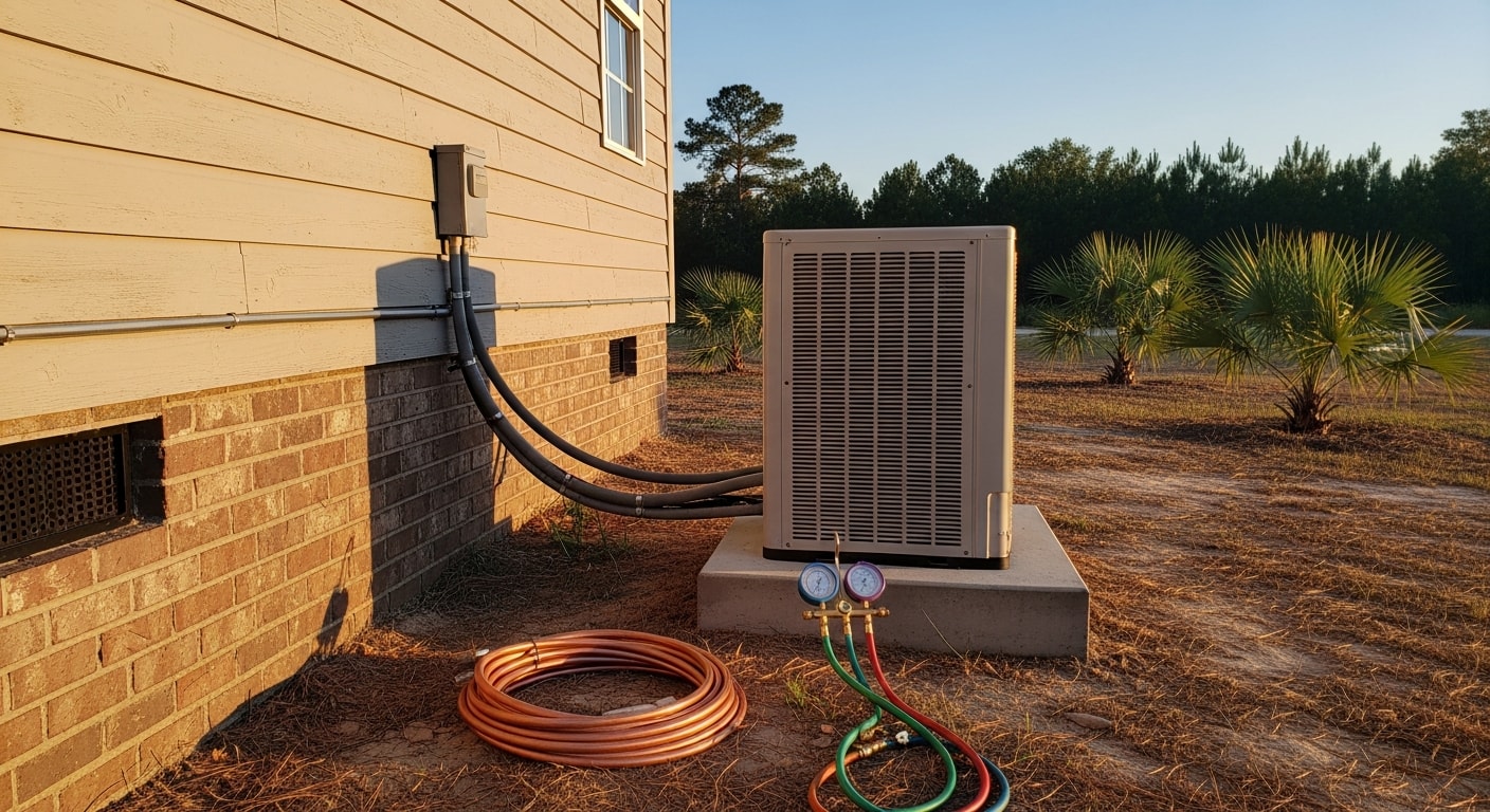 A wall-mounted mini split indoor air handler installed in a residential room in Screven County, Georgia, with the outdoor condenser unit visible through the window on the exterior wall. A Reddick Heating & Air technician checks the system connections during the final startup inspection.
