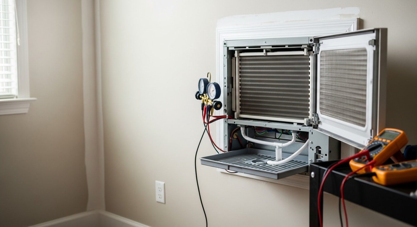 A Reddick Heating & Air, Inc. technician cleaning the indoor wall-mounted unit of a mini split system inside a Screven County home. The outdoor condenser unit sits on a concrete pad beside the house with the surrounding area clear of debris.