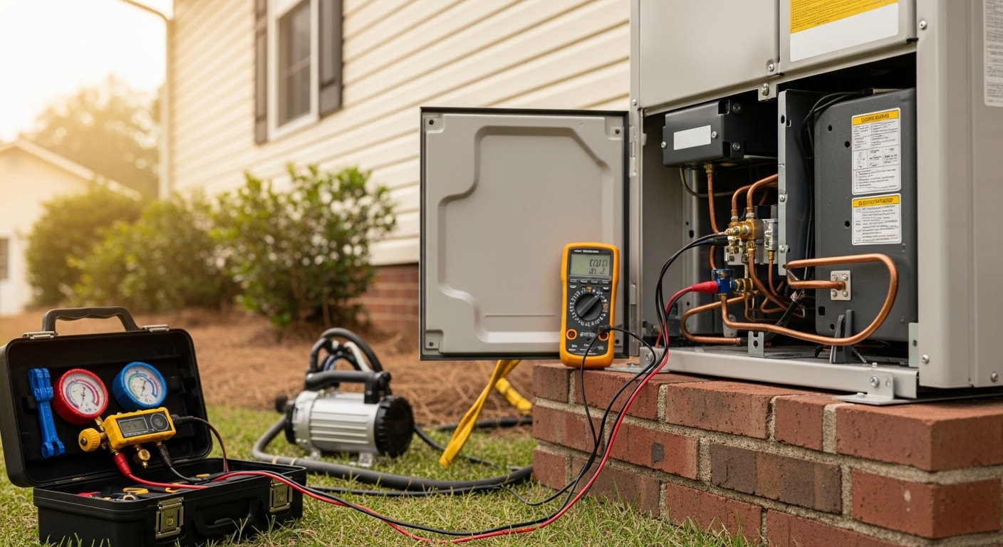 A technician inspecting the indoor air handler of a ductless mini split system mounted on a wall inside a Screven County home. The outdoor condenser unit is visible through the window, showing a complete two-part system service in progress.