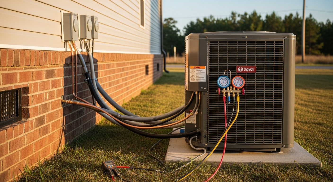 A newly installed ductless mini split outdoor condenser unit mounted beside a single-story home in Screven County, Georgia, with fresh refrigerant line sets running through the exterior wall. The old unit has been removed and the installation area is clean and ready for use.