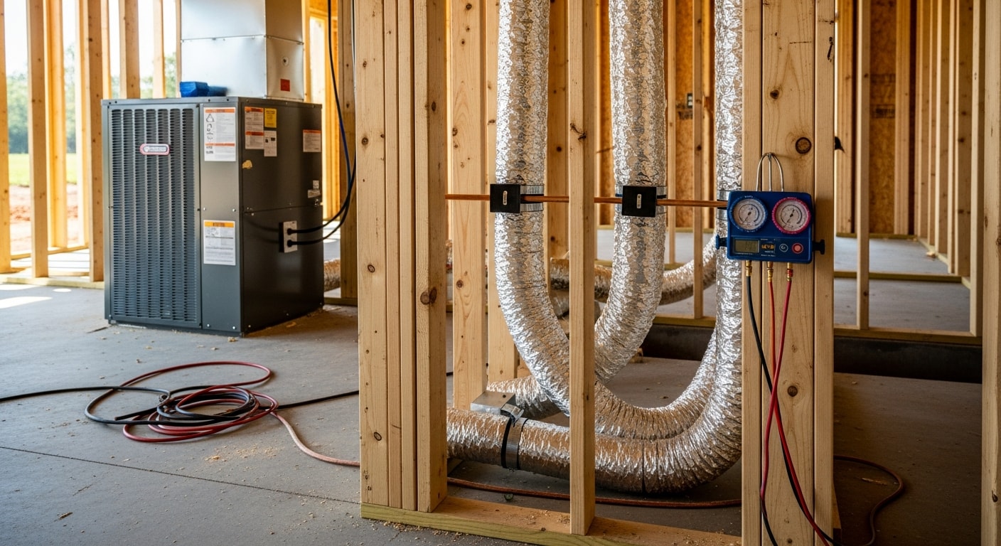 New construction HVAC ductwork and air handler installed in an unfinished home in Screven County, Georgia. Sheet metal ducts run through open ceiling joists before drywall installation.