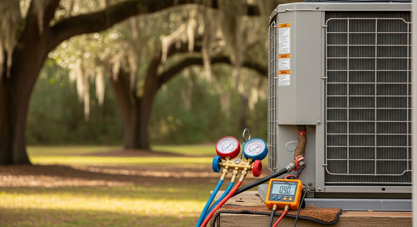 A certified HVAC technician connecting refrigerant gauges to an outdoor AC condenser unit at a single-family home in Screven County, Georgia. The technician checks pressure readings before performing a refrigerant recharge on a residential central air conditioning system.